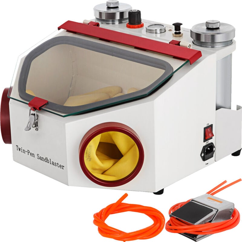 foto del prodotto mophorn sabbiatrice dentale, 2 penne 2 serbatoi, macchina per sabbiatura da laboratorio con luce led, ampia finestra di visualizzazione,