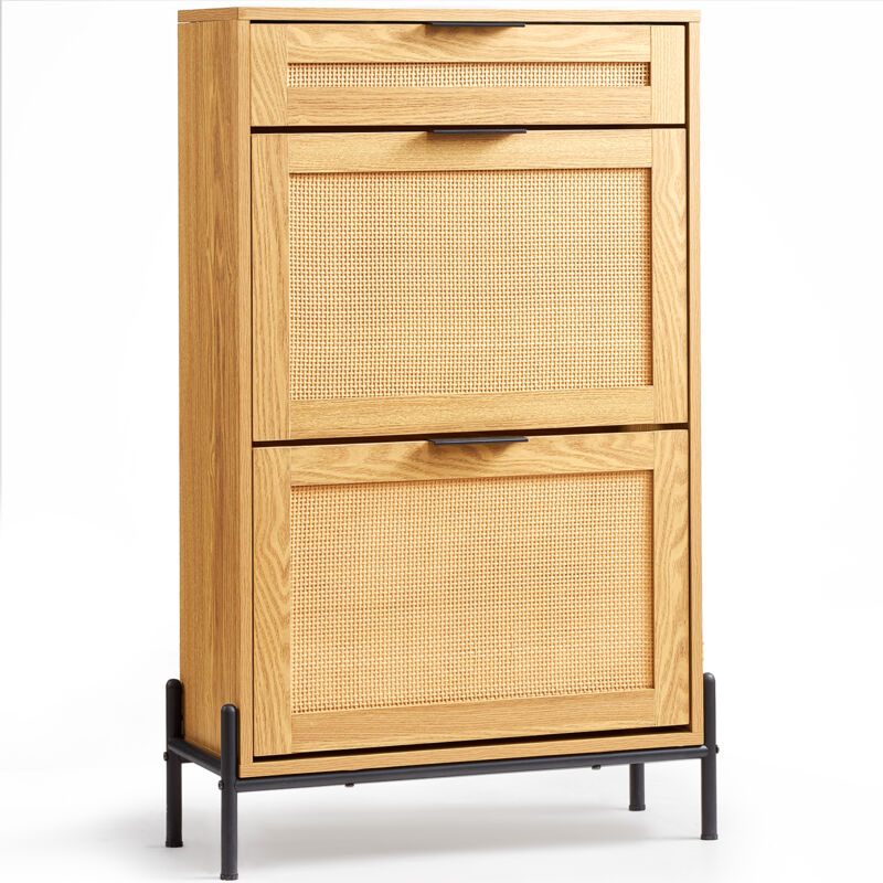 foto del prodotto mophorn scarpiera in rattan, organizzatore per scarpe stretto con 2 cassetti ribaltabili in rattan e 1 cassetto scorrevole, gambe in metallo,