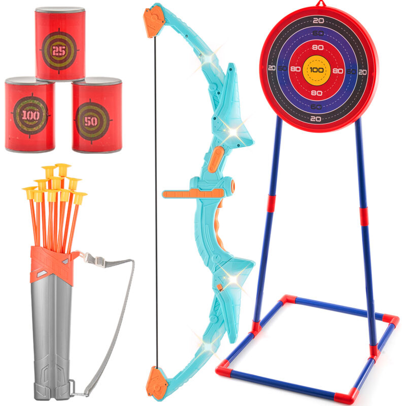 foto del prodotto mophorn set arco e frecce per bambini, set arco illuminato a led con 10 frecce a ventosa, bersaglio permanente, faretre, 3 barattoli bersaglio,