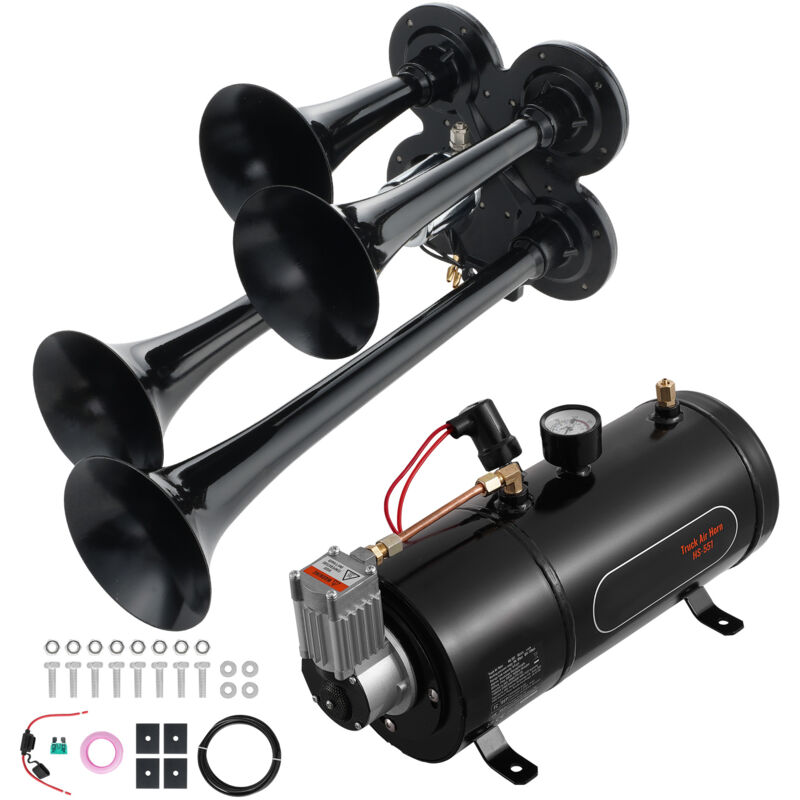foto del prodotto mophorn set clacson da camion auto, set da 4 trombe clacson 150 db per camioncini, compressore dearia da 12v pressione 120 psi,serbatoio 3 litri