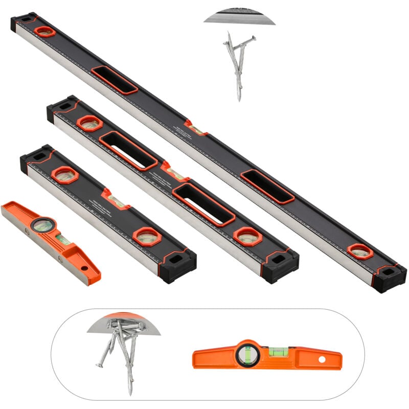 foto del prodotto mophorn set di 4 livelli torpedo livelli da 48 24 16 10 pollici, fiale fluorescenti luminose, righello per 45 90 180 gradi, lega di alluminio,