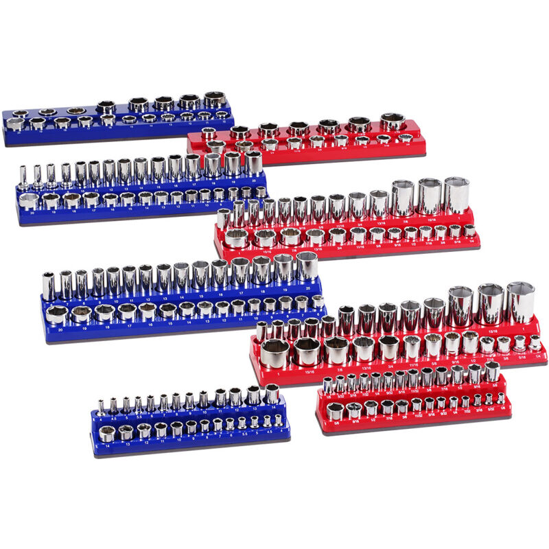 foto del prodotto mophorn set di organizer per prese magnetiche, 8 pezzi, vassoi metrici sae da 1 4 , 3 8 , 1 2 , contiene fino a 199 prese, blu e rosso prese