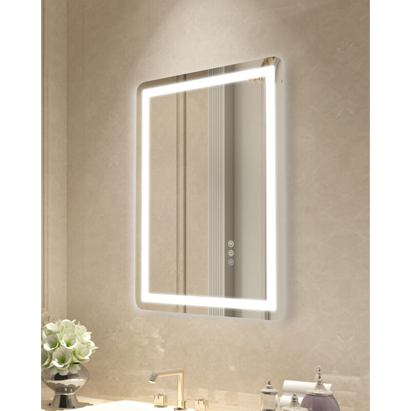 foto del prodotto mophorn specchio da bagno a led 50 x 70 cm, montaggio a parete, illuminazione frontale e retroilluminata, antiappannamento, 3 colori di