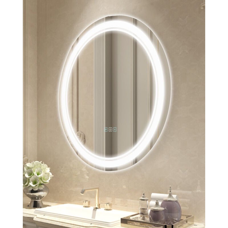 foto del prodotto mophorn specchio da bagno a led rotondo da 60 cm, da parete con illuminazione frontale e retroilluminata, antiappannamento, 3 colori di