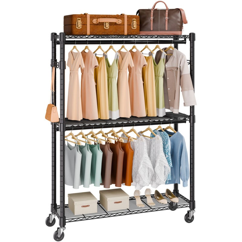 foto del prodotto mophorn stand appendiabiti a rotelle capacita carico statica max. 182kg con 3 ripiani carico 41 kg singolo camera da letto soggiorno, appendiabiti