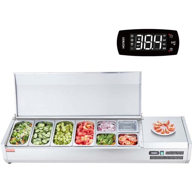 foto del prodotto mophorn stazione di preparazione condimenti refrigerata 155 w, 8 teglie, acciaio inossidabile 304, protezione, ce, piano di lavoro
