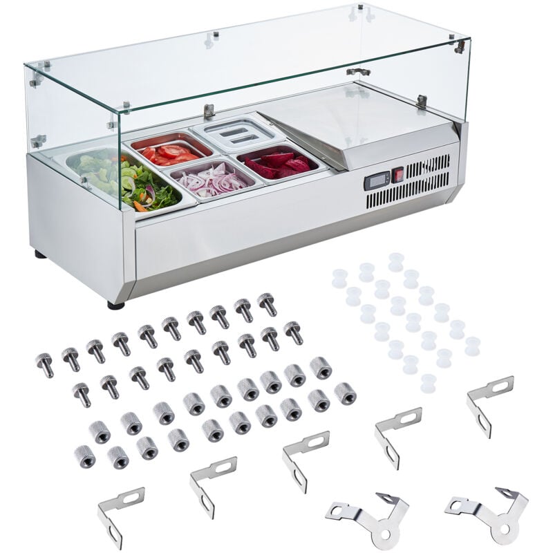 foto del prodotto mophorn stazione refrigerata per la preparazione di condimenti, unit da bancone da 140 w, 1 pentola da 1 3 e 4 pentole da 1 6, corpo in acciaio