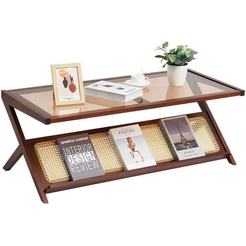 foto del prodotto mophorn tavolino da caff in rattan,bamb intrecciato a forma di z da 47 con piano in vetro temperato,tavolo portaoggetti moderno in stile