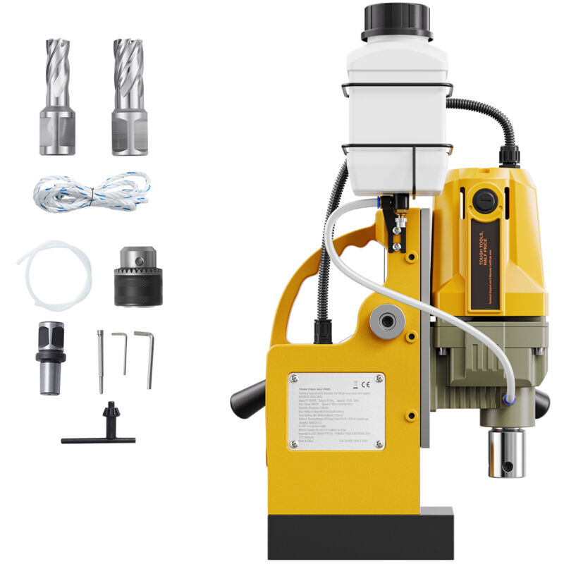 foto del prodotto mophorn trapano magnetico motore da 1200w, diametro alesante da 1,6 pollici, trapano elettrico da 2810 lbf con 2 punte di carotaggio, giallo