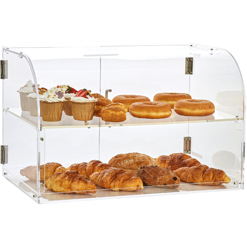 foto del prodotto mophorn vetrina per pasticceria, espositore per panetteria commerciale da banco a 2 livelli, espositore in acrilico con ingresso sulla porta