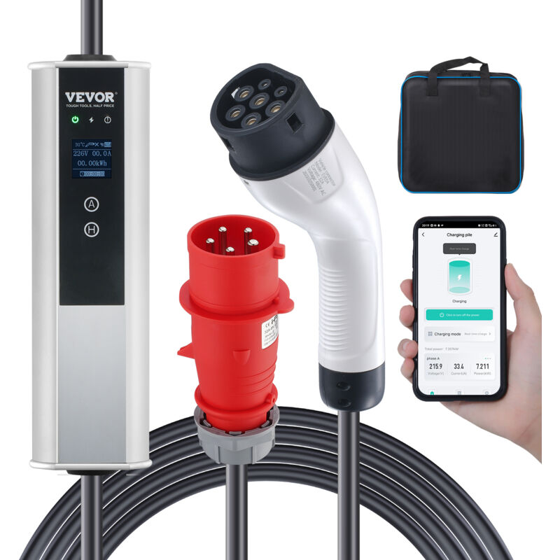 foto del prodotto mophorn vevor caricabatterie per veicoli elettrici portatile corrente max.32a monofase tipo 2 lunghezza cavo 7,5m, caricabatterie ev portatile