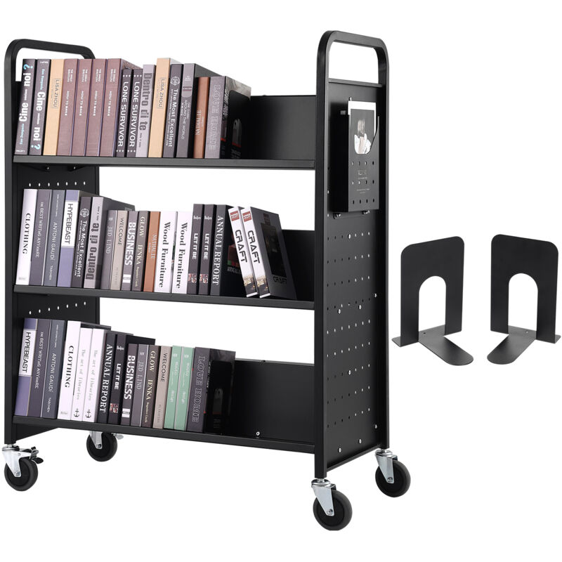 foto del prodotto mophorn vevor carrello per libri, carrello 3 ripiani nero da biblioteca carico max. 150kg, carrello da libreria biblioteca ripiani piatti a forma