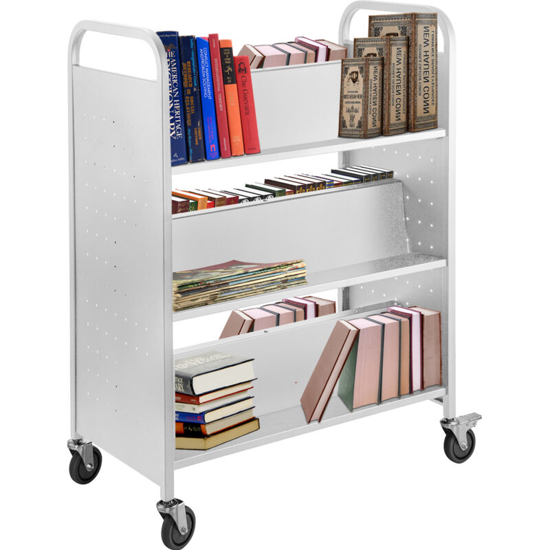foto del prodotto mophorn vevor carrello per libri, carrello per biblioteca da 200 libbre, carrello per libri con ruote 35x19x49 pollici ripiani inclinati a doppia