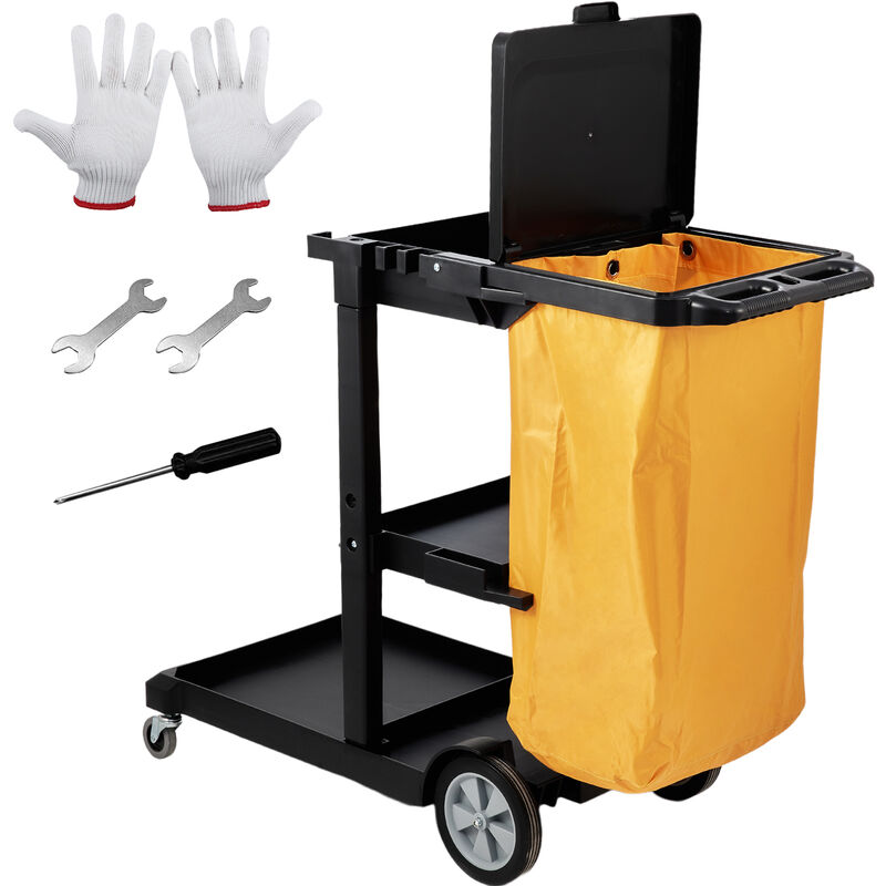 foto del prodotto mophorn vevor carrello per pulizia di servizio 3 ripiani con coperchio sacco per raccolta spazzatura ruote in pvc capacita carico max. 90,7kg,
