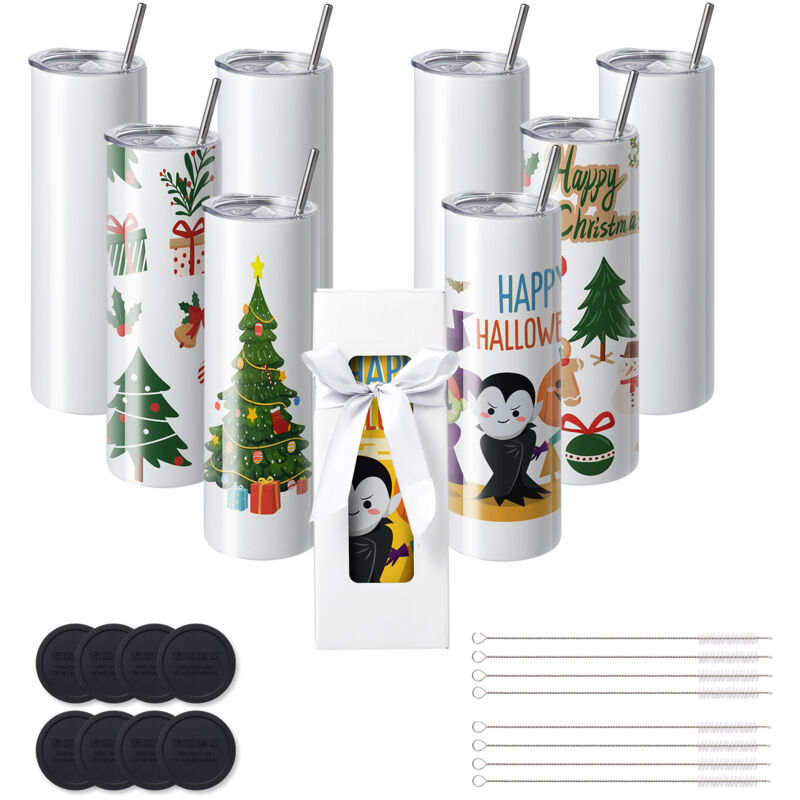 foto del prodotto mophorn vevor confezione da 8 bicchieri dritti per sublimazione, bicchiere vuoto 30 oz, bicchieri a doppia parete in acciaio inox con cannuccia,