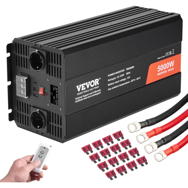foto del prodotto mophorn vevor convertitore di potenza a onda sinusoidale modificata, convertitore di potenza 5000 w cc da 12 v a ca 230 v display lcd e telecomando