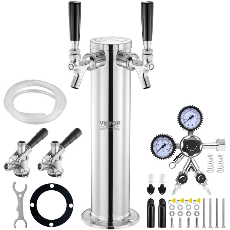 foto del prodotto mophorn vevor kit spillatore per birra a doppio rubinetto, dispenser torre birra per fusti in acciaio inox con regolatore w21.8 doppio manometro