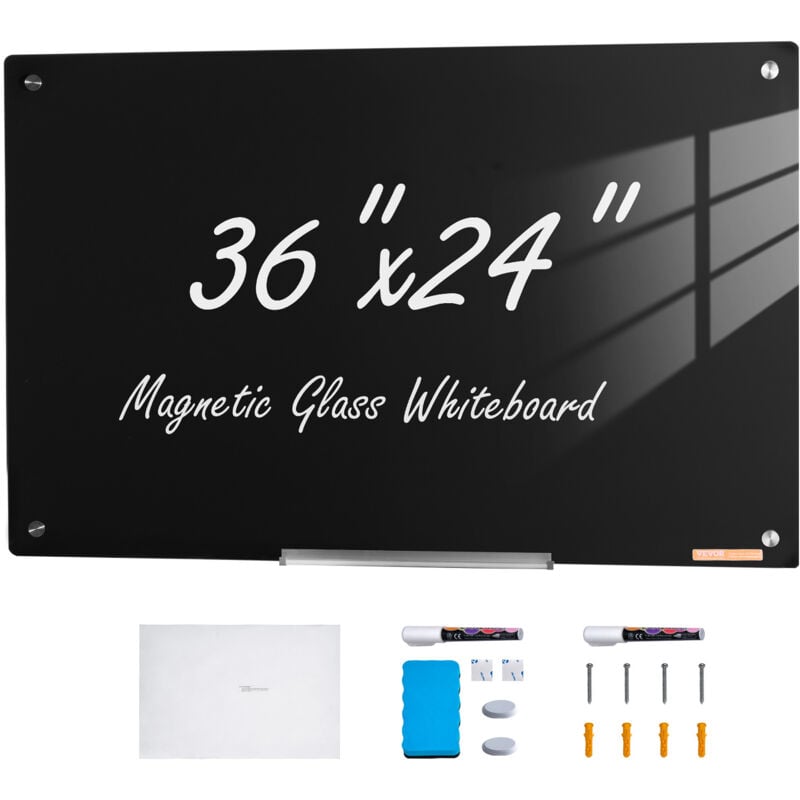foto del prodotto mophorn vevor lavagna magnetica cancellabile a secco in vetro nero 90 x 60 cm, lavagna promemoria da parete senza cornice, con vassoio pennarelli,