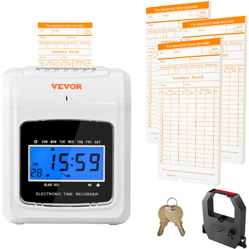 foto del prodotto mophorn vevor orologio timbracartellini marcatempo di presenze dipendenti con cartellini 12v 2a, set timbracartellini dipendenti con 6 ttimbrature