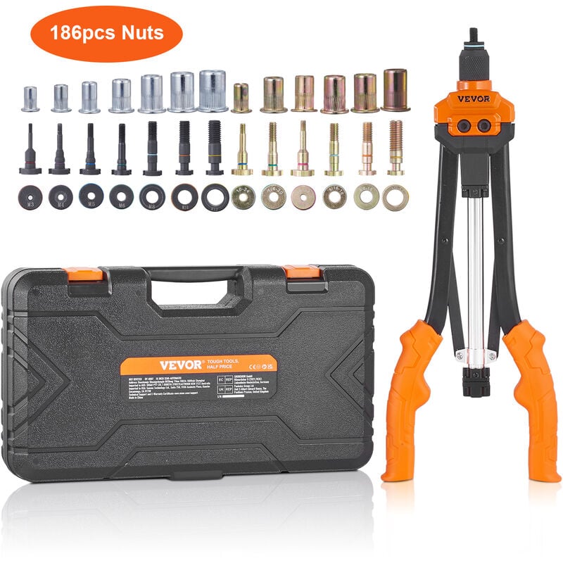 foto del prodotto mophorn vevor rivettatrice manuale per dadi, pinza per inserti filettati da 41 cm con 13 mandrini, 186 dadi in 13 misure, strumento per rivettatura