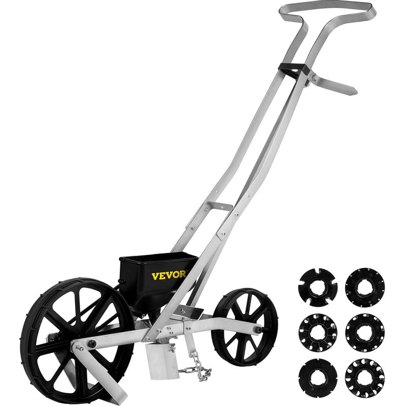 foto del prodotto mophorn vevor seminatrice da giardino in alluminio, seminatrice a spinta manuale lunghezza da 78 cm a due ruote da 6 cm e 5 cm, spandiconcime per