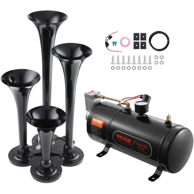 foto del prodotto mophorn vevor set clacson da camion auto, set da 4 trombe clacson 150 db per camioncini, compressore dearia da 12v pressione 120 psi, serbatoio 3