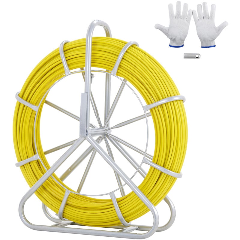 foto del prodotto mophorn vevor sonda passacavi in fibra di vetro 7,9mm x 150m con supporto in metallo estrattore a nastro per cavo elettrico con 2 teste di trazione