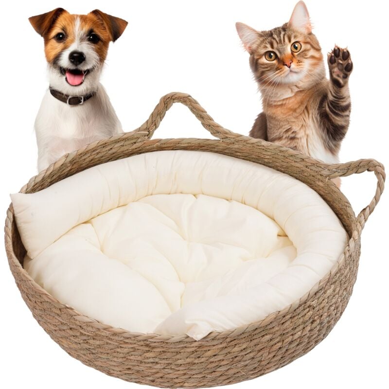 foto del prodotto morbido lettino per animali in un cesto di vimini, cuscino per cani e gatti