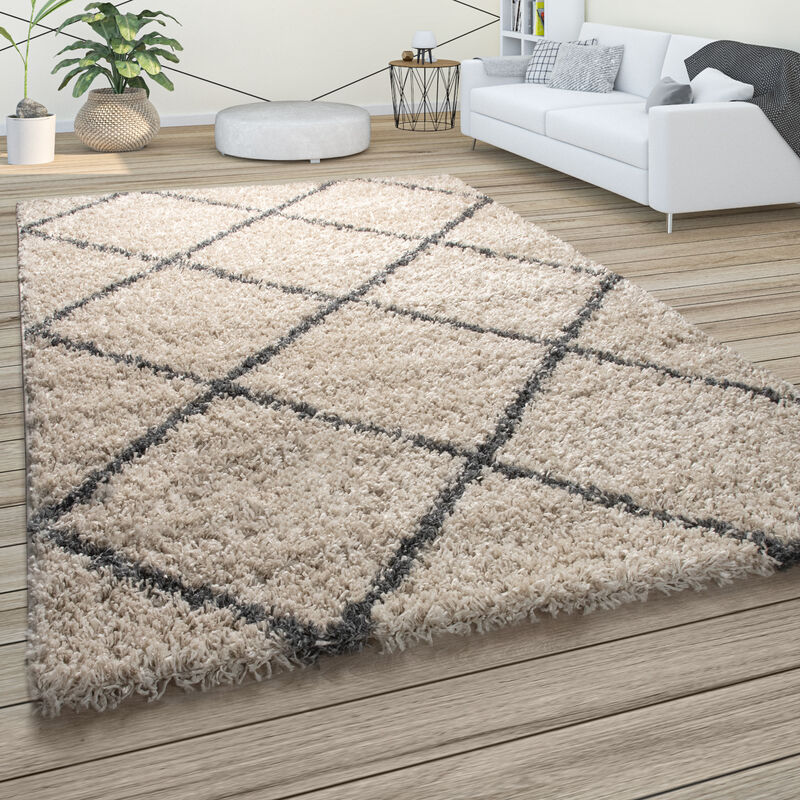 foto del prodotto morbido tappeto a pelo lungo shaggy per soggiorno in stile scandinavo con motivo a rombi 120x170 cm, beige antracite paco home