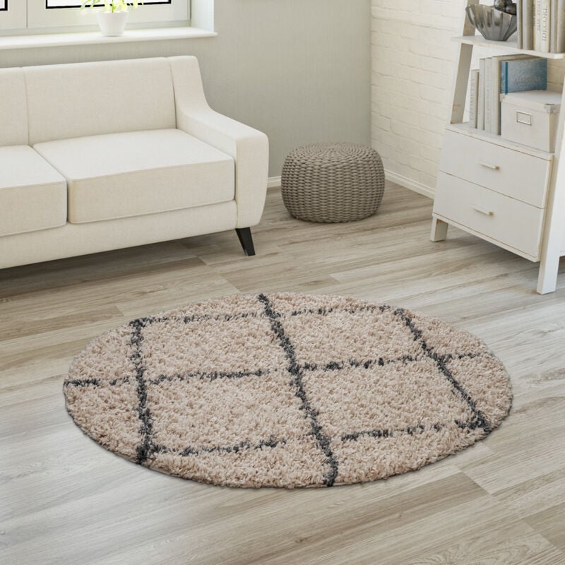 foto del prodotto morbido tappeto a pelo lungo shaggy per soggiorno in stile scandinavo con motivo a rombi 200 cm tondo, beige antracite paco home