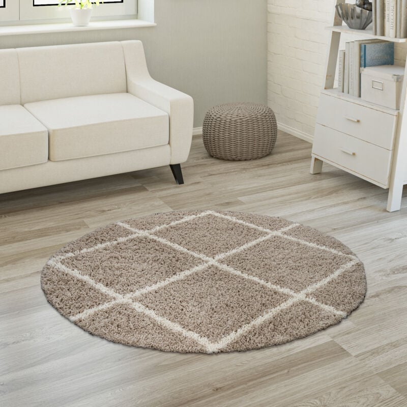 foto del prodotto morbido tappeto a pelo lungo shaggy per soggiorno in stile scandinavo con motivo a rombi 200 cm tondo, beige paco home