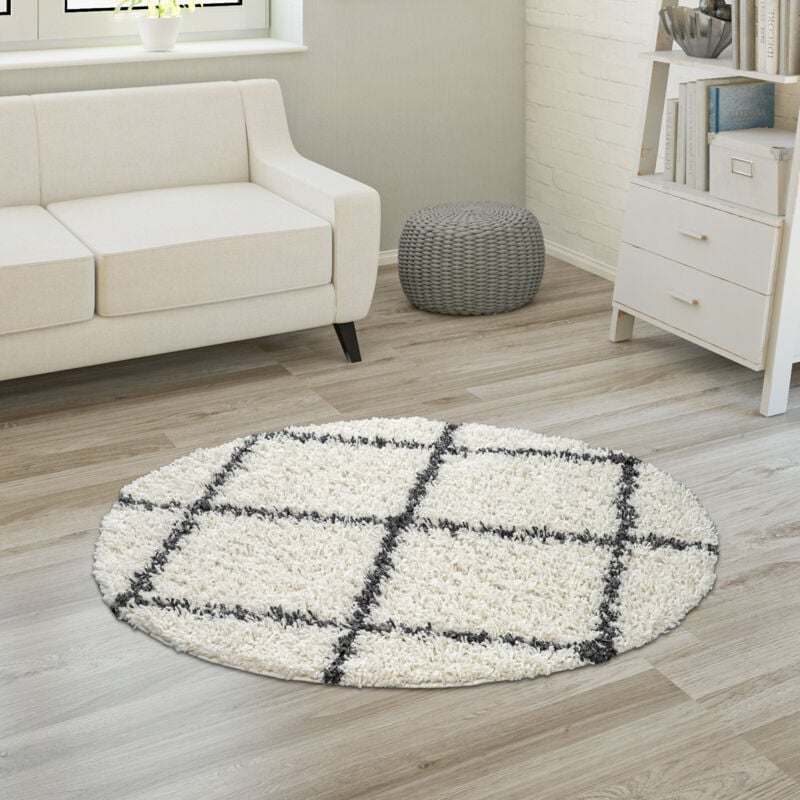 foto del prodotto morbido tappeto a pelo lungo shaggy per soggiorno in stile scandinavo con motivo a rombi 200 cm tondo, crema paco home