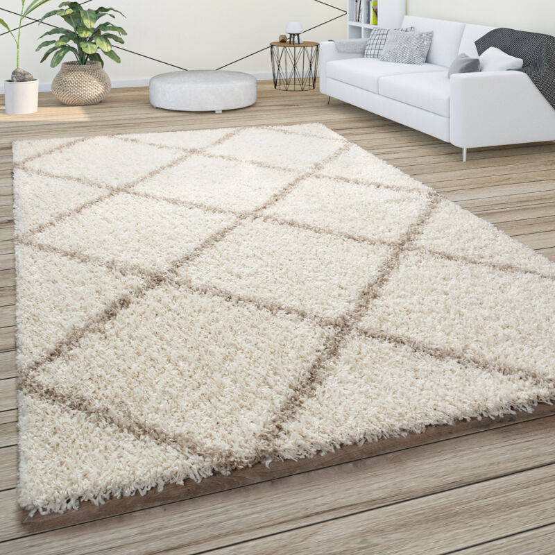foto del prodotto morbido tappeto a pelo lungo shaggy per soggiorno in stile scandinavo con motivo a rombi 60x100 cm, beige crema paco home