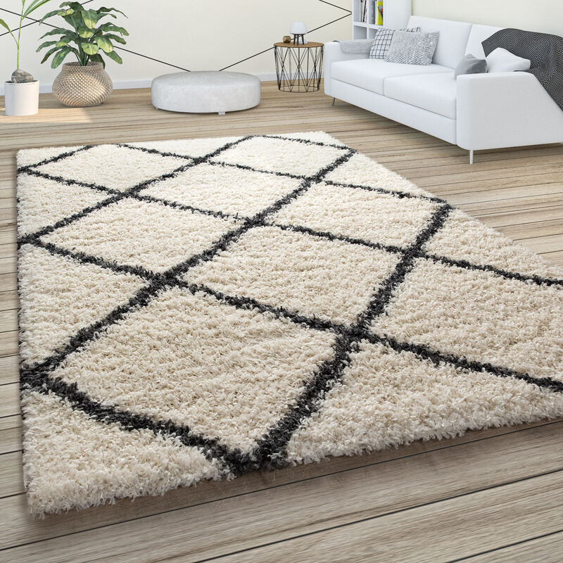 foto del prodotto morbido tappeto a pelo lungo shaggy per soggiorno in stile scandinavo con motivo a rombi 60x100 cm, crema paco home