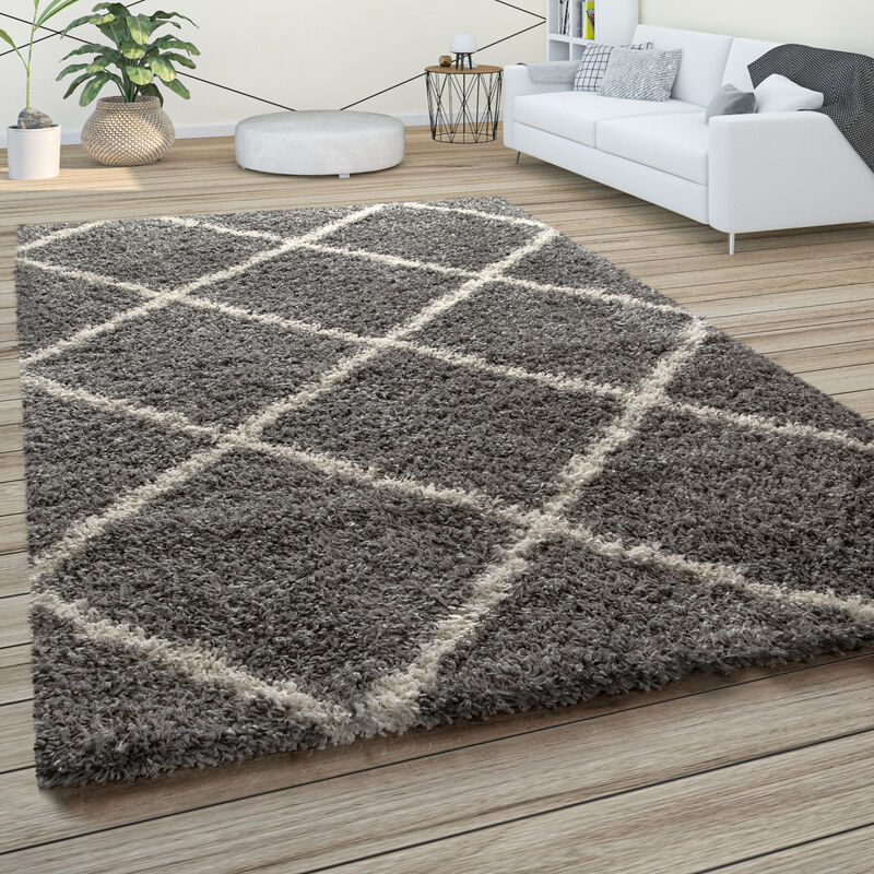 foto del prodotto morbido tappeto a pelo lungo shaggy per soggiorno in stile scandinavo con motivo a rombi 60x100 cm, grigio paco home