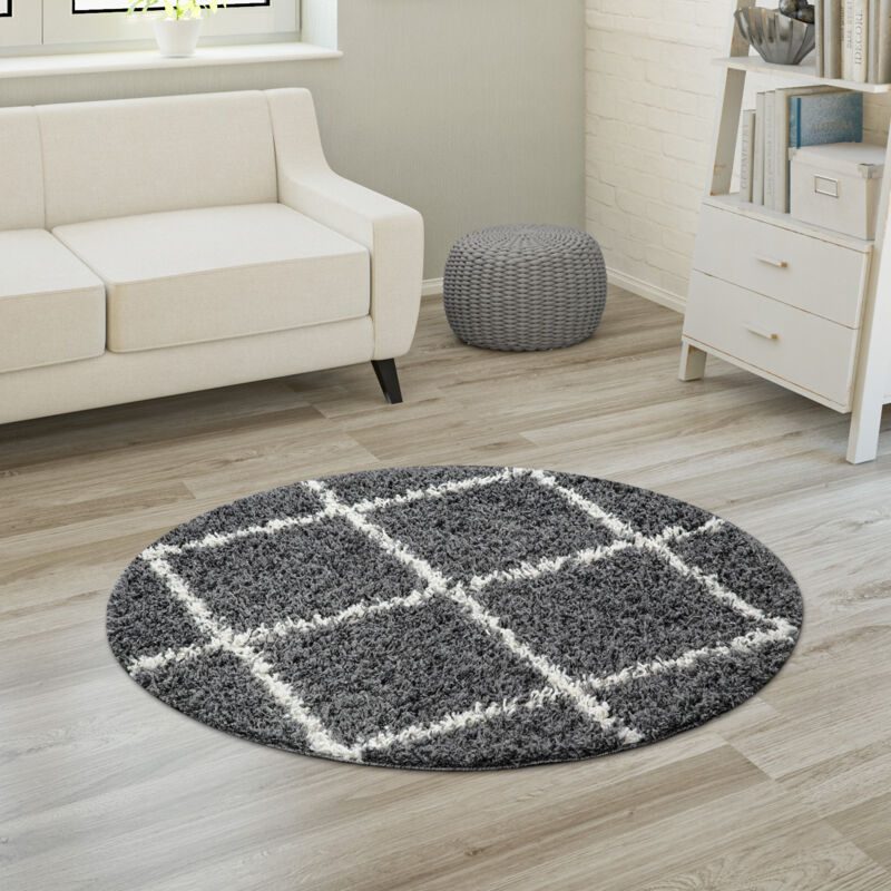 foto del prodotto morbido tappeto a pelo lungo shaggy per soggiorno in stile scandinavo con motivo a rombi 80 cm tondo, antracite paco home