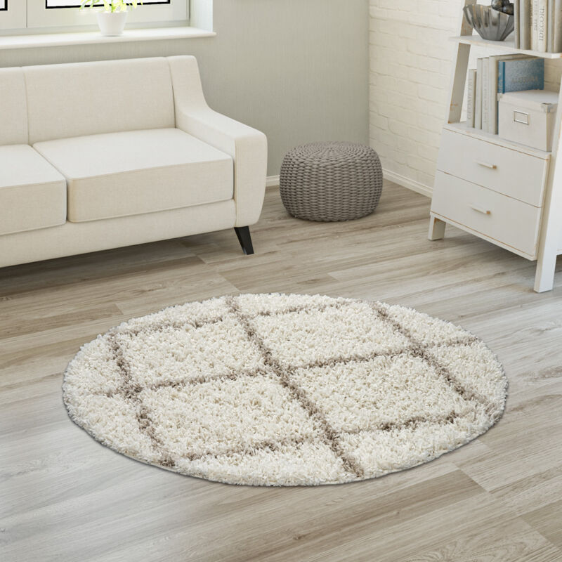 foto del prodotto morbido tappeto a pelo lungo shaggy per soggiorno in stile scandinavo con motivo a rombi 80 cm tondo, beige crema paco home