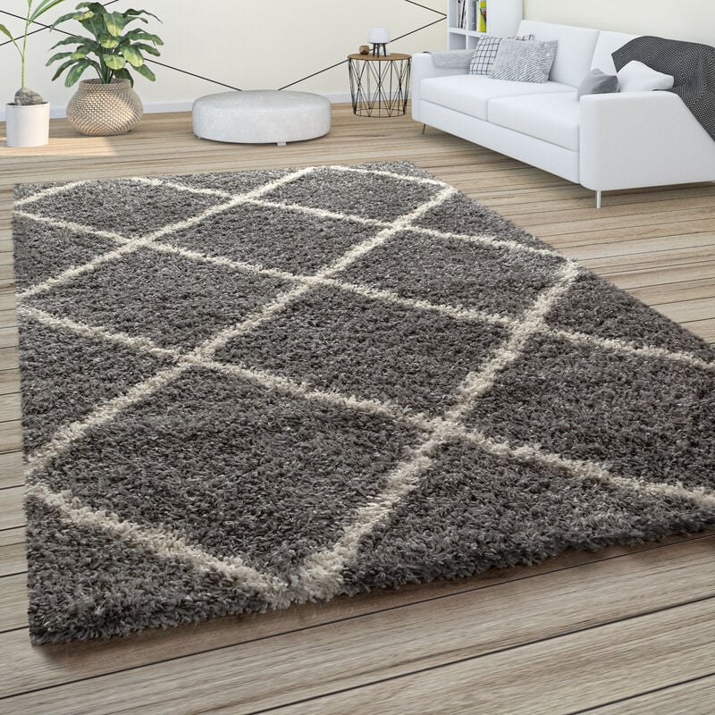 foto del prodotto morbido tappeto a pelo lungo shaggy per soggiorno in stile scandinavo con motivo a rombi grigio, 200x280 cm paco home