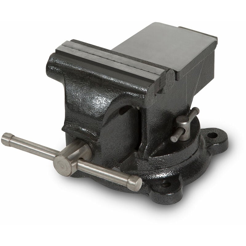 foto del prodotto morsa in ghisa con incudine, larghezza ganasce 100mm, altezza totale 138mm, ruotabile a 360 , piastra 122mm, larghezza massima di serraggio 85mm,