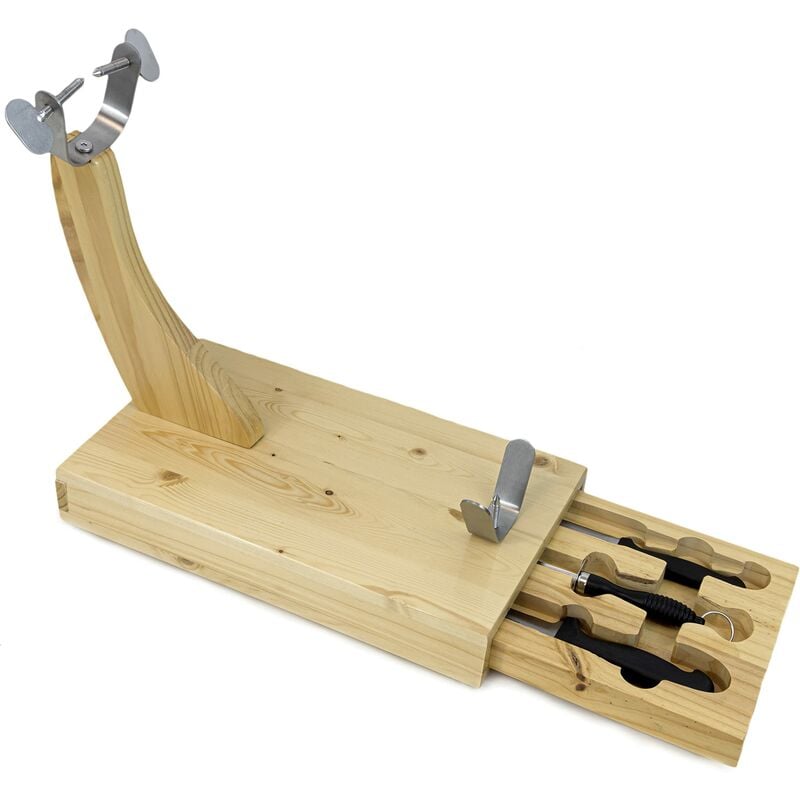 foto del prodotto morsa porta prosciutto jamonero con cassetto contenente 2 coltelli e 1 affila coltelli, per affettare comodamente salumi, in legno di faggio