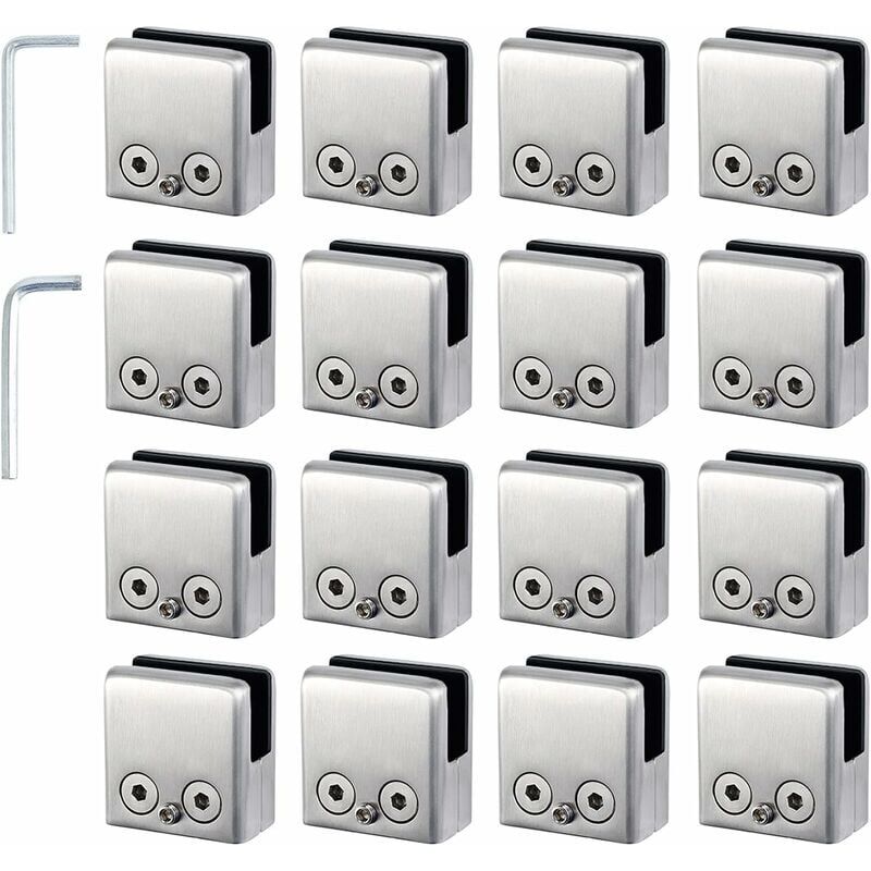 foto del prodotto morsetti per vetro da 16 pezzi supporto per vetro da 8-10 mm in acciaio inossidabile morsetti per vetro di forma quadrata da 8-10 mm con 2 chiavi