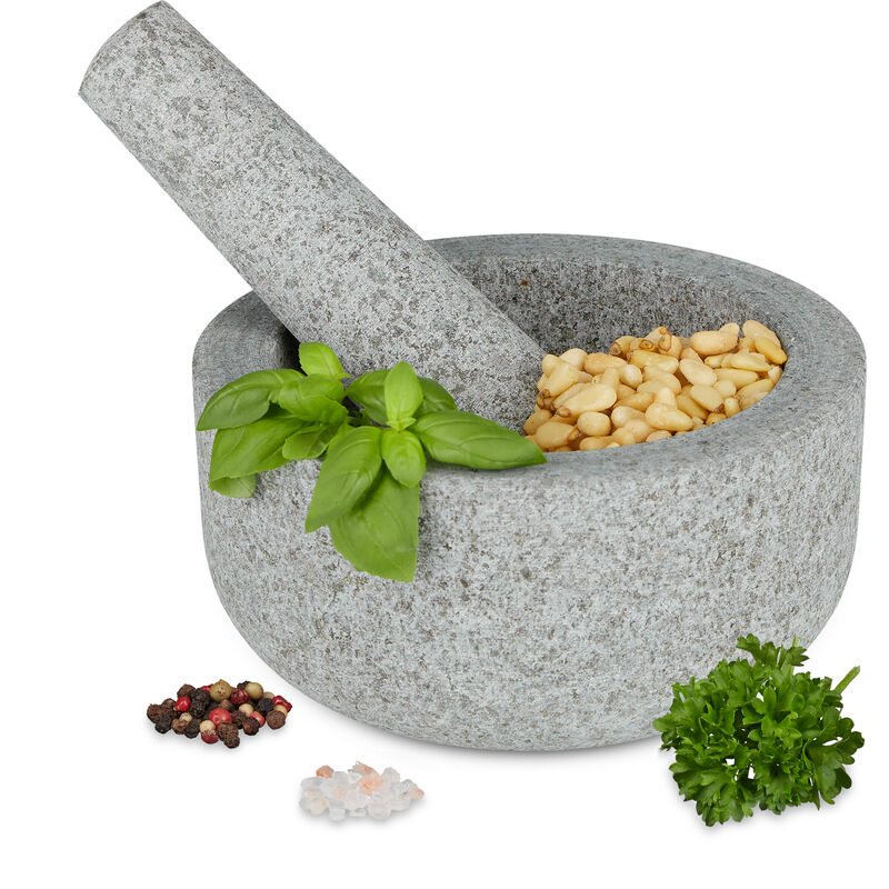foto del prodotto mortaio con pestello in granito, hxd 8x16 cm, macina spezie, pesto di basilico, cocktail mojito, grigio chiaro relaxdays