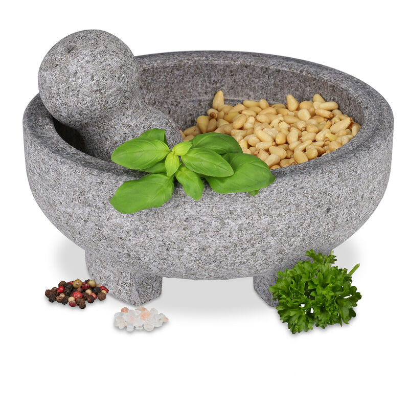 foto del prodotto mortaio con pestello in granito, hxd 9x20 cm, macina spezie, pesto di basilico, cocktail mojito, grigio chiaro relaxdays
