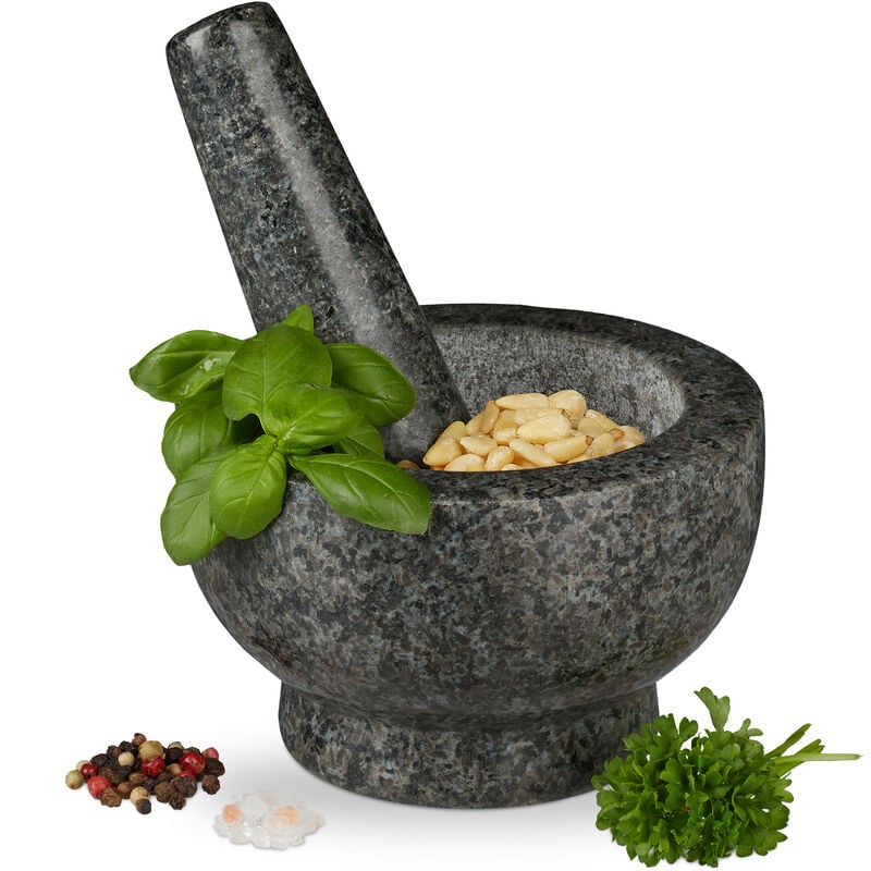 foto del prodotto mortaio e pestello, in granito massiccio, resistente, basilico, pesto, superficie ruvida, 13, 250 ml, grigio relaxdays