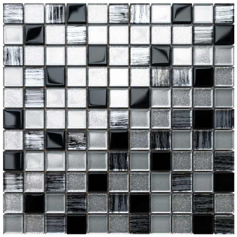 foto del prodotto mosaico in vetro su rete per bagno e cucina 30cm x 30cm black sabbath