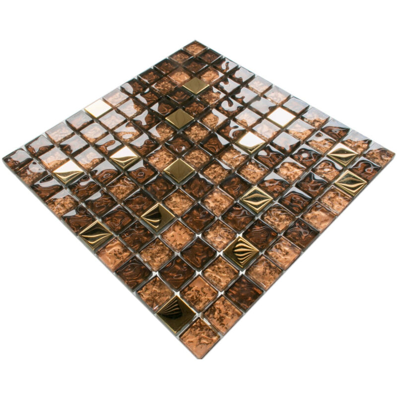 foto del prodotto mosaico in vetro su rete per bagno e cucina 30cm x 30cm gold brown