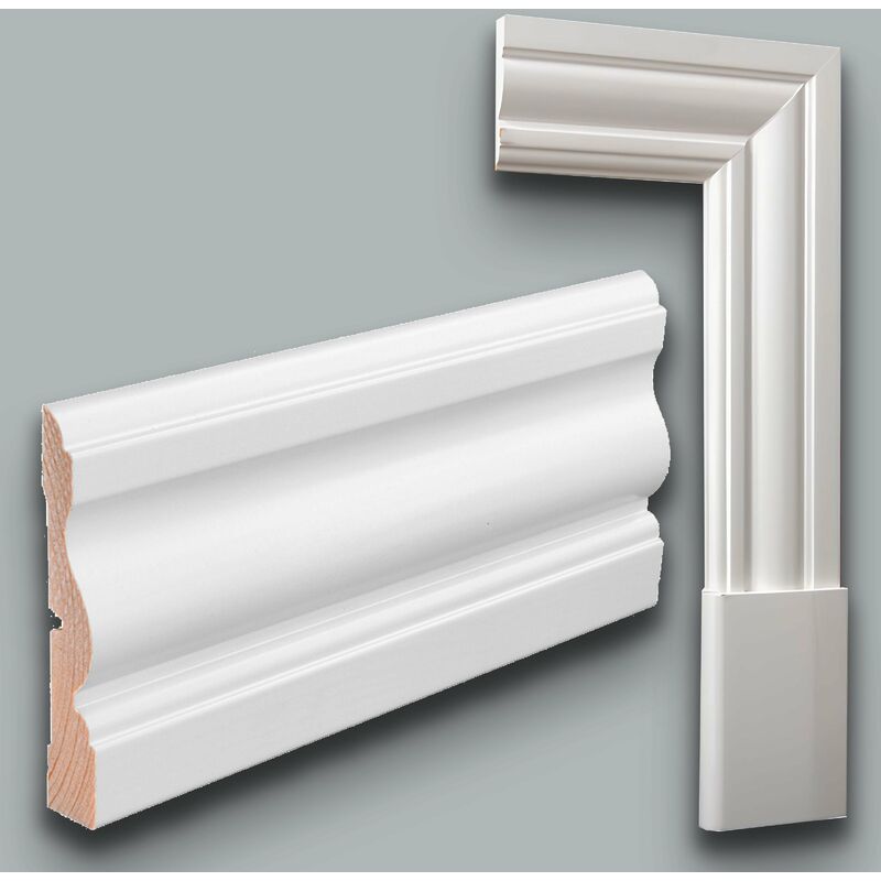foto del prodotto mostrina e battiscopa premium in legno massello mod. vittoriano 91x15 laccato bianco liscio prezzo al metro 