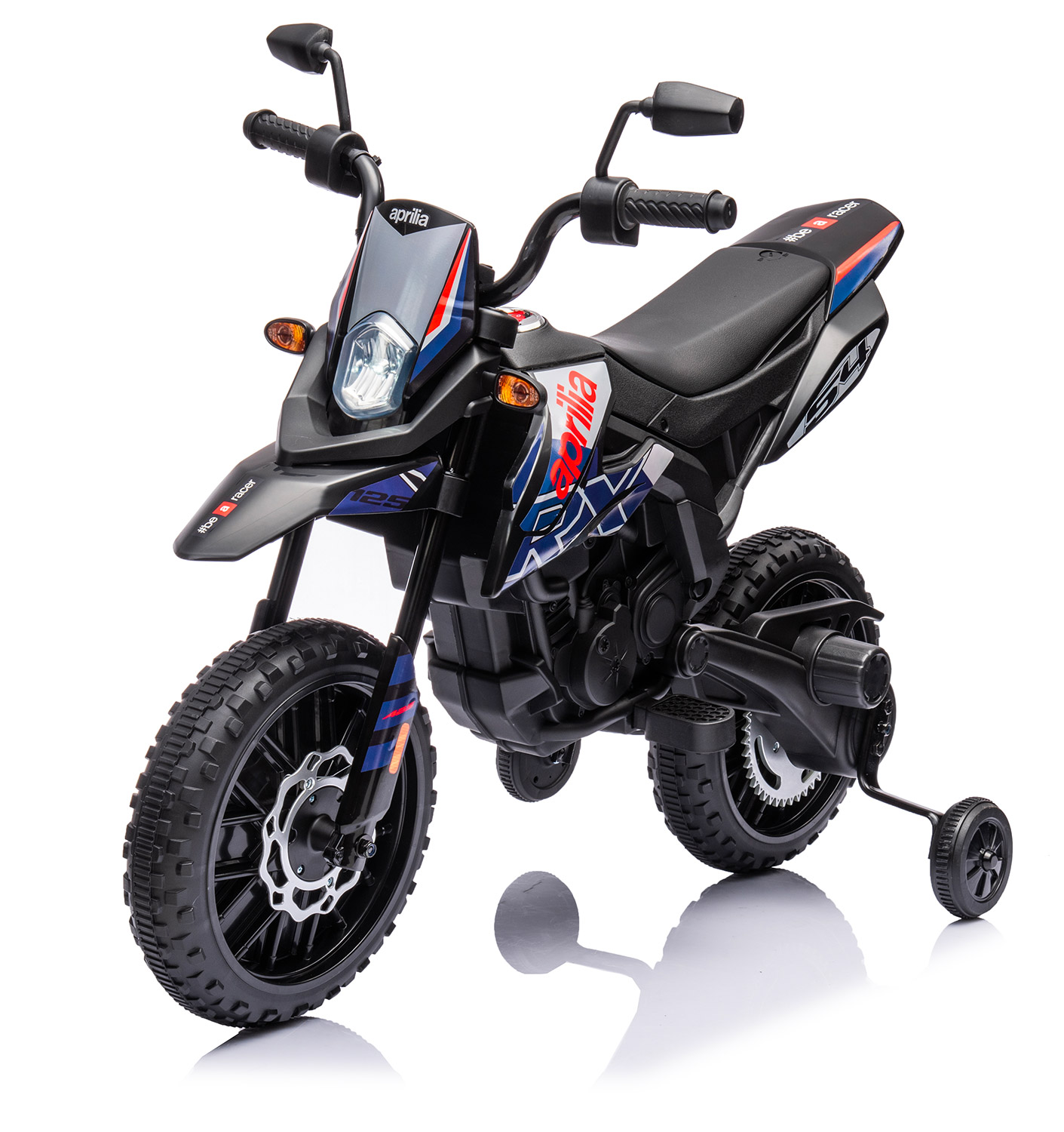 foto del prodotto moto elettrica per bambini 12v con licenza aprilia rx-125 motocross blu