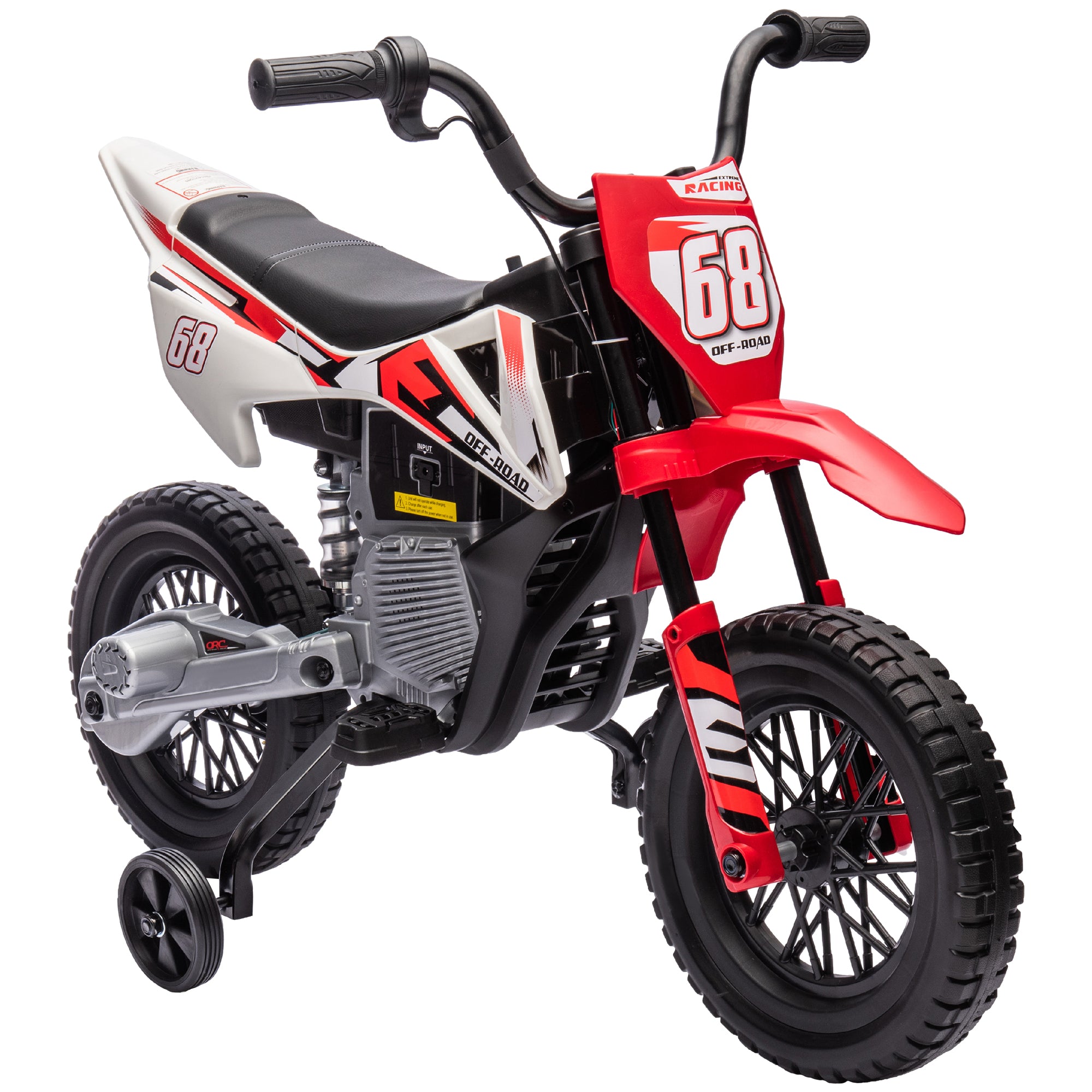 foto del prodotto moto elettrica per bambini con rotelle e indicatore di carica rosso
