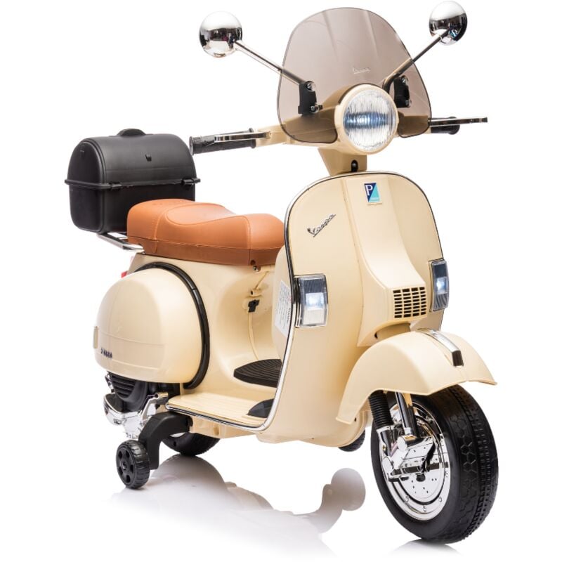 foto del prodotto moto scooter elettrico per bambini piaggio vespa px150 full con parabrezza e bauletto 12v avorio